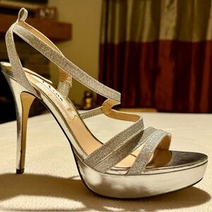 (9.5) Nina Wrapping Silver Glitter Strap 5” Platform Stiletto Sandals
